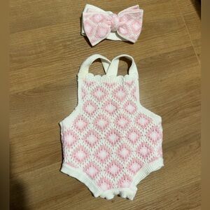 Little Me Cream and Pink Knit Baby One-Piece with Matching Headband